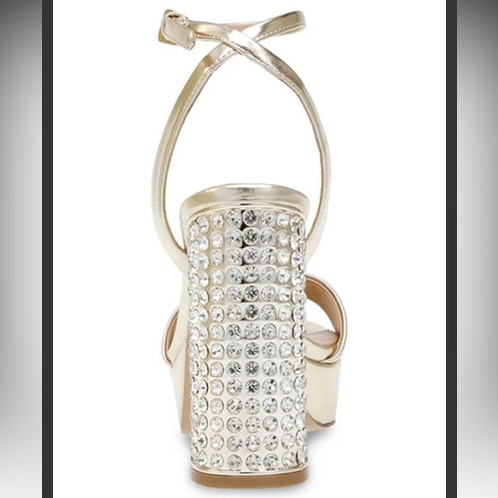 Gold Platform Ankle-Strap Sandal with Crystal Block Heel NWOT - Picture 4 of 9